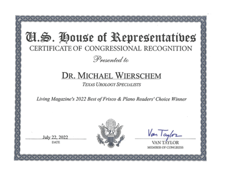 U.S. House of Representatives Certificate of Congressional Recognition awarded to Dr. Michael Wierschem, 2022